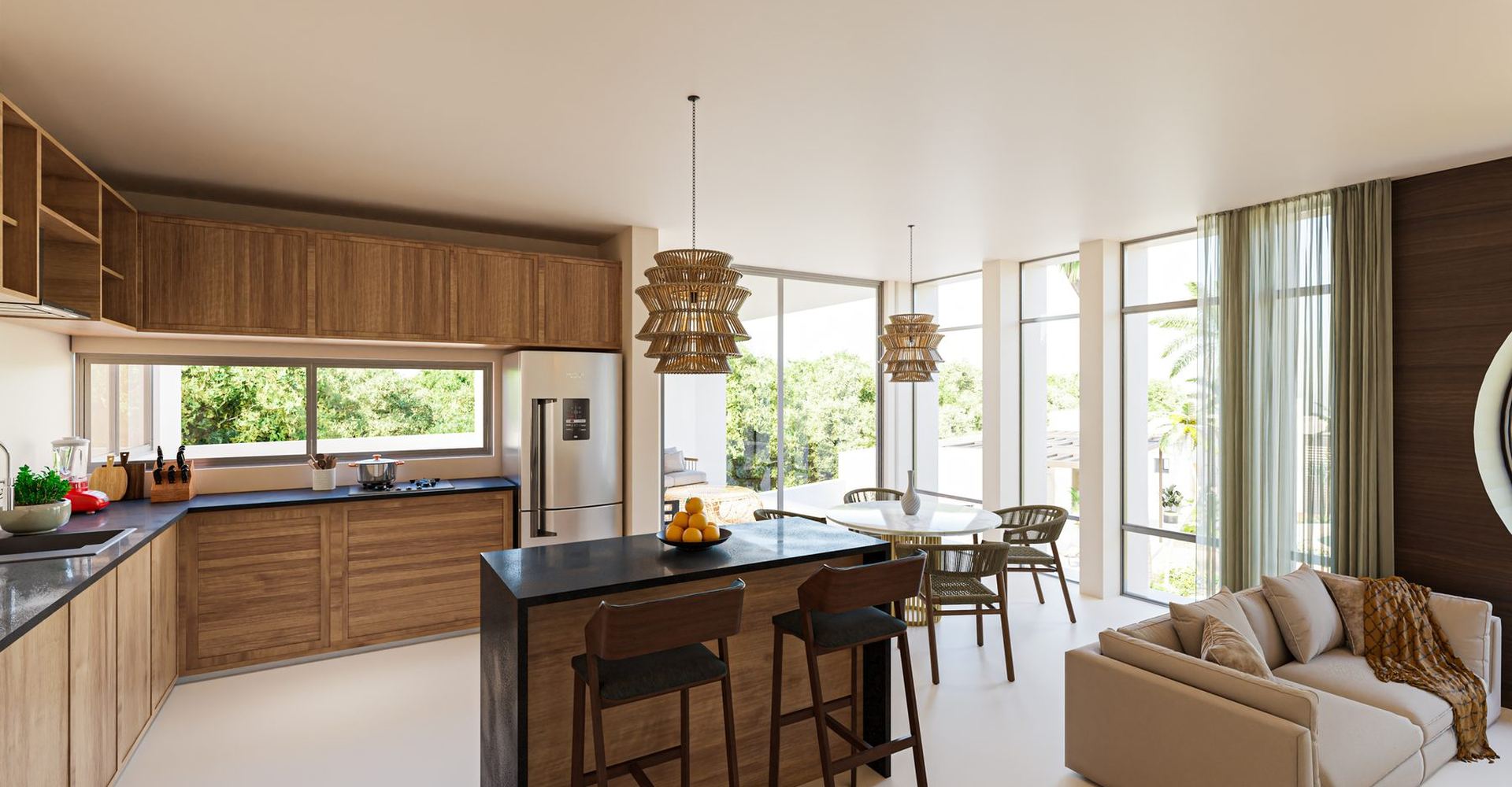 Photoreal interior rendering of an open-plan kitchen and living room