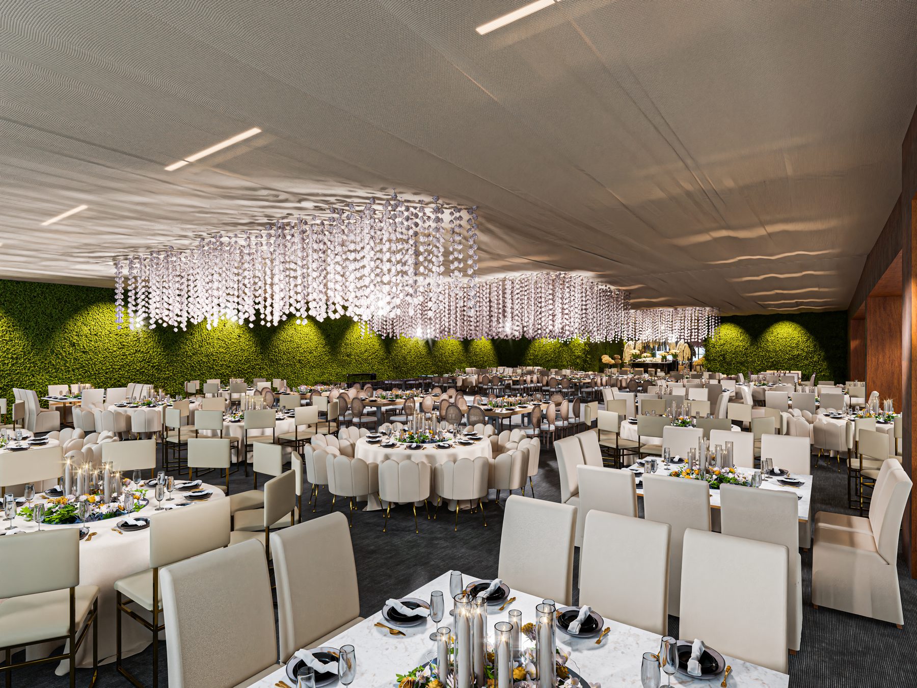 Instalación de cristal y muro de musgo · banquete