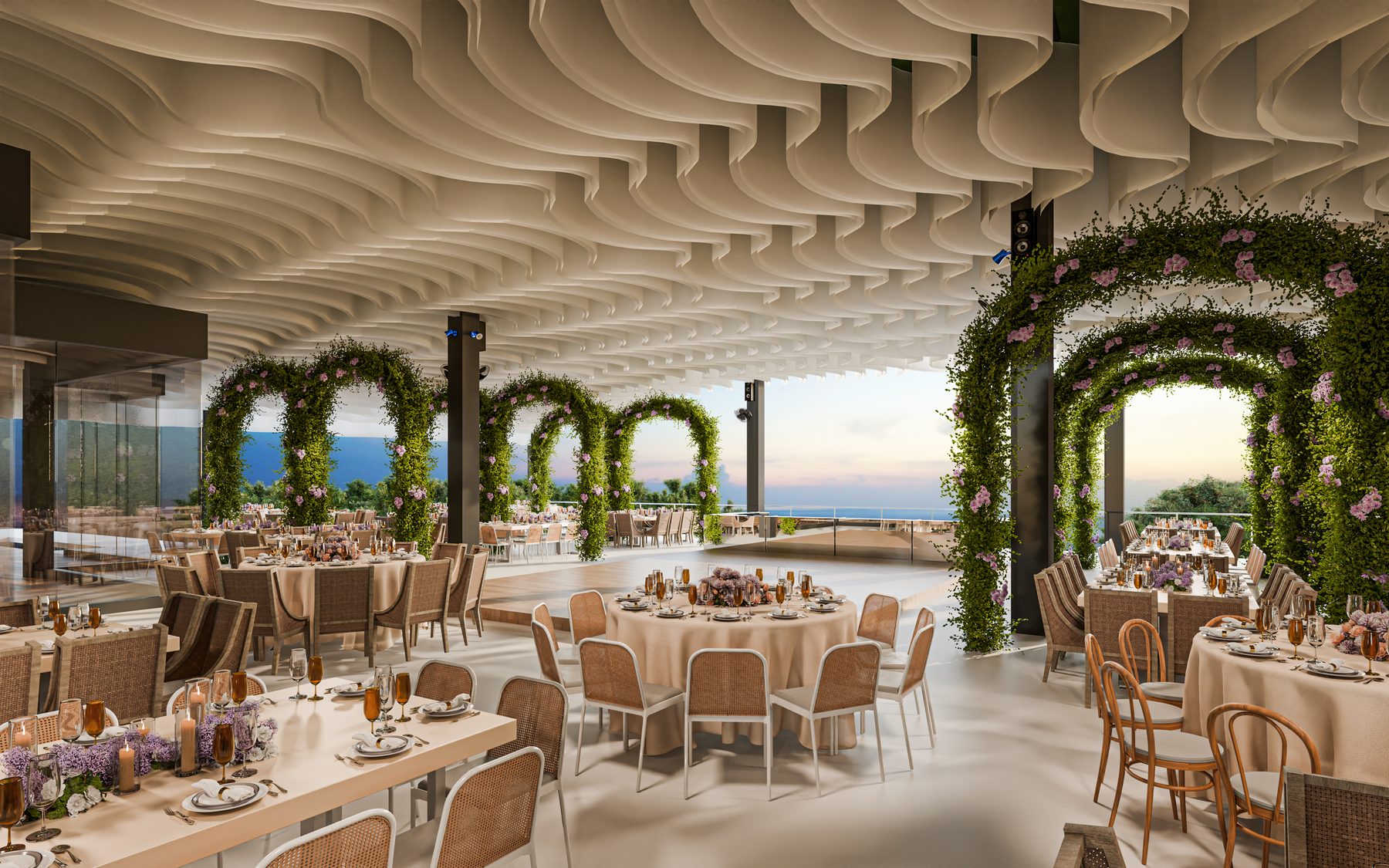 Arcos florales con vista al mar · salón