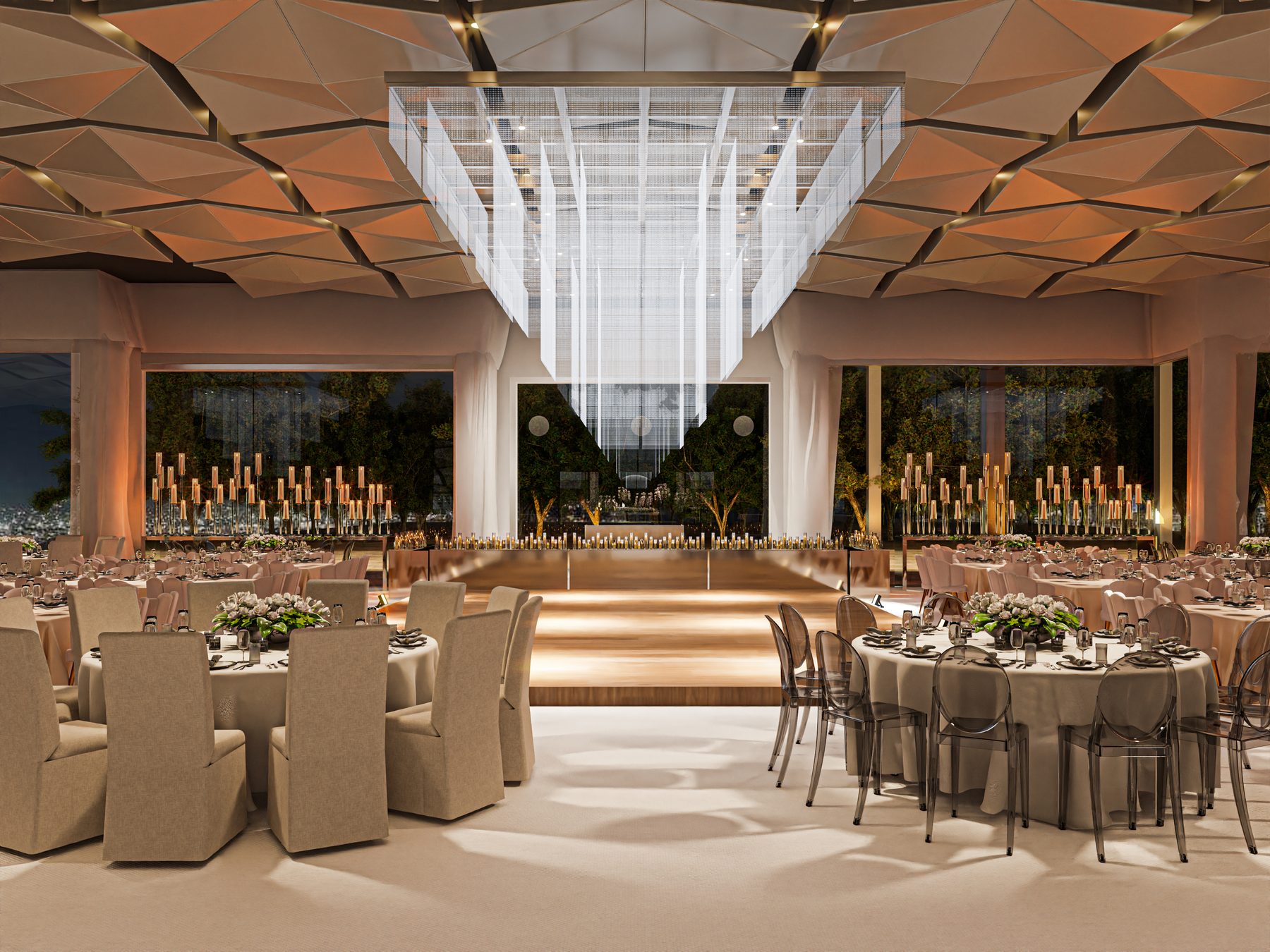 Banquete cálido bajo un techo geométrico
