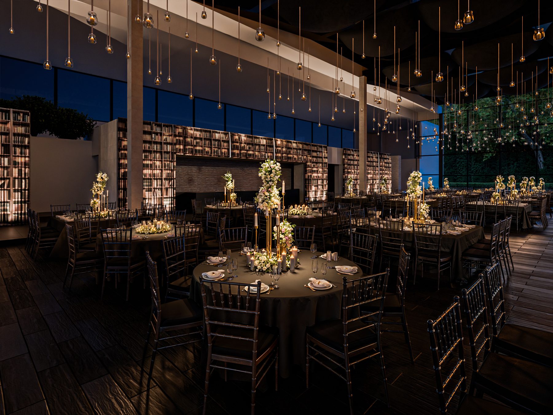 Cena en rooftop · muro biblioteca y focos colgantes