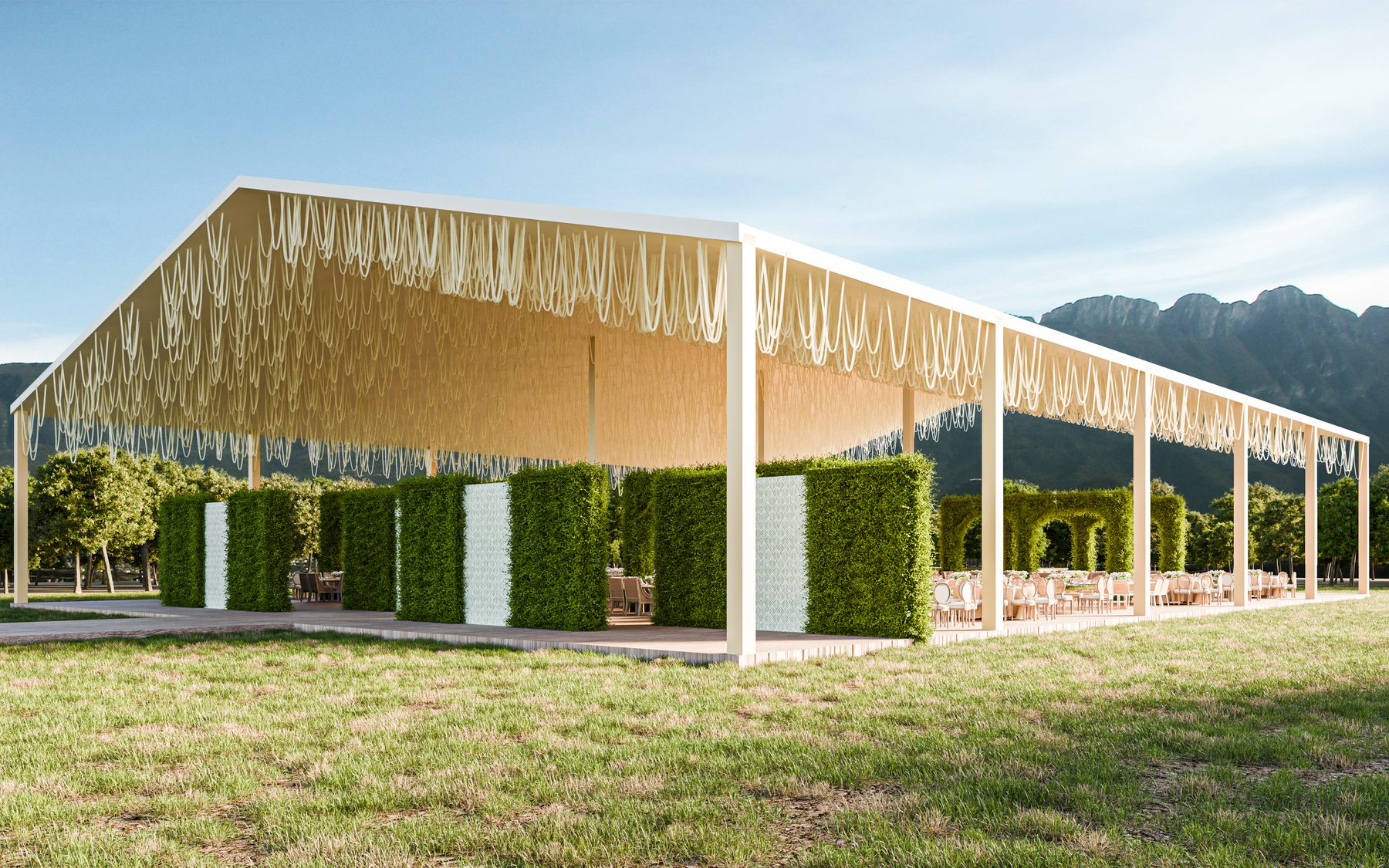 Carpa blanca de flecos · celebración de día