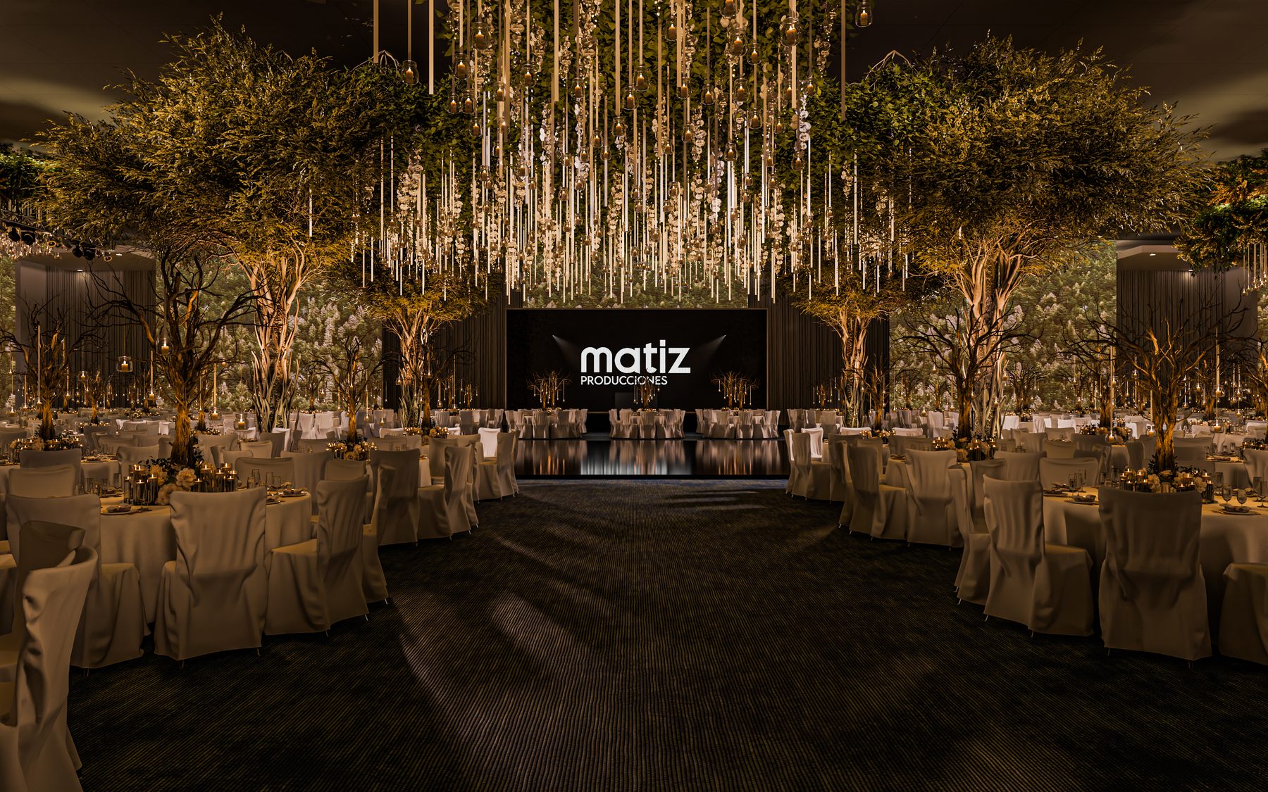 Escenario e instalación de árbol · evento corporativo nocturno