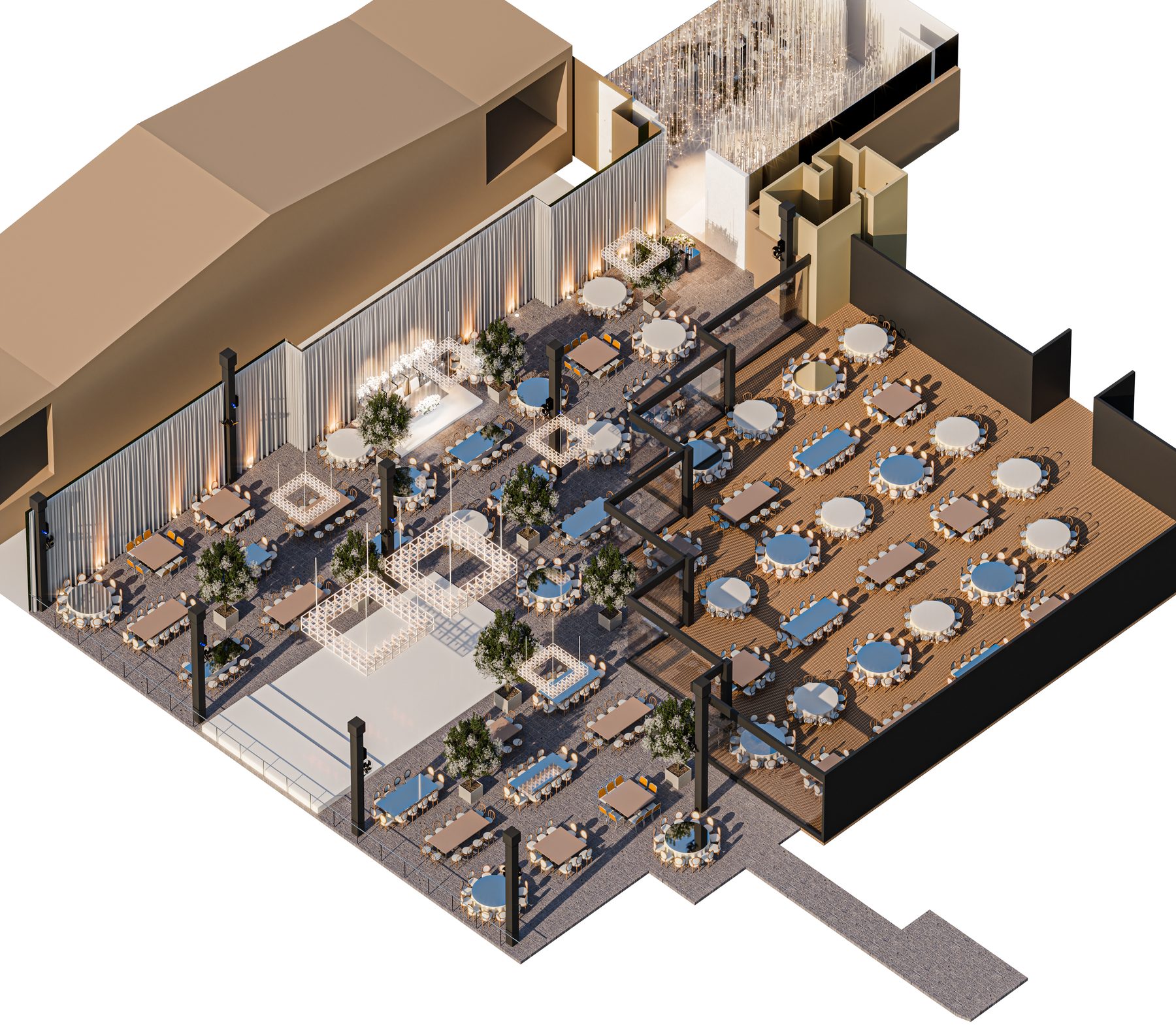 Plano 3D · acomodo de banquete y ceremonia