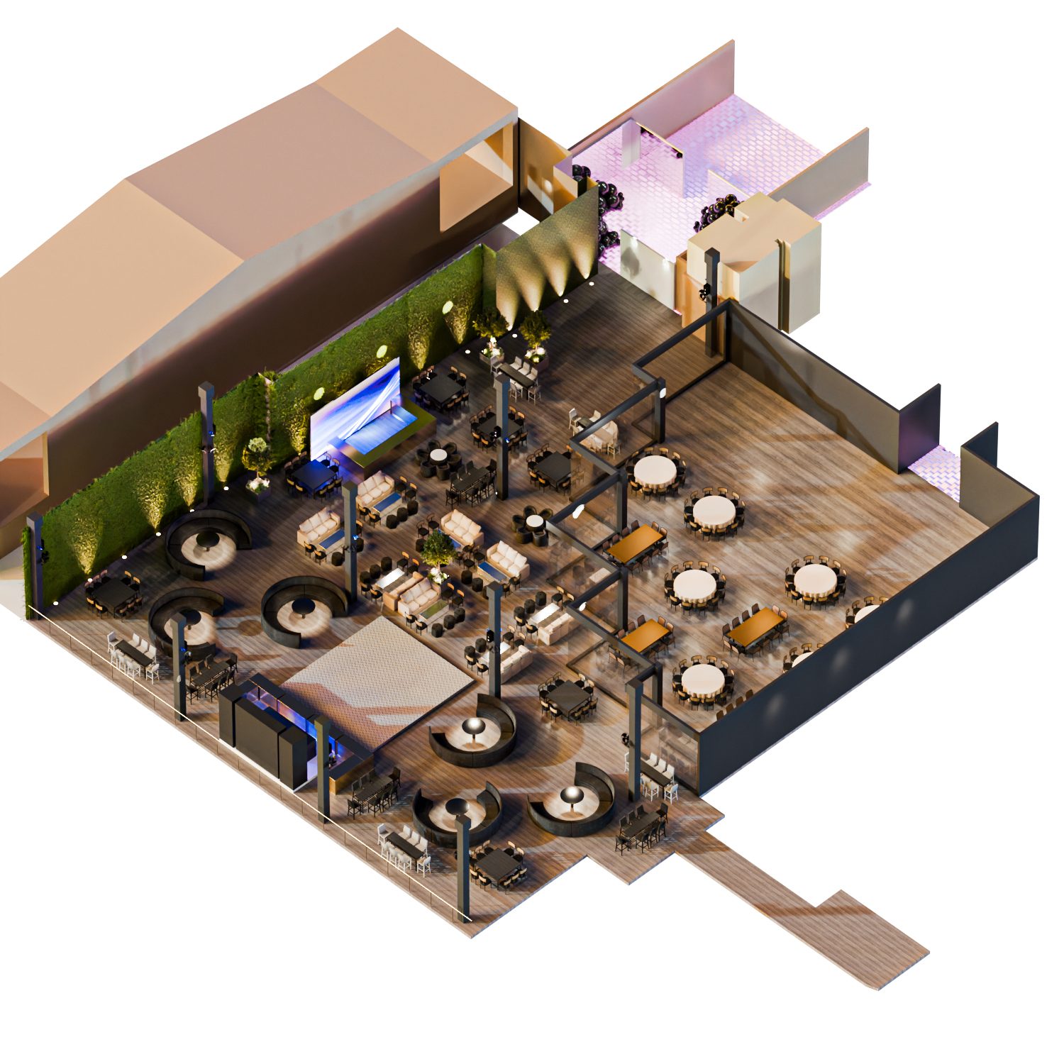 Plano 3D · lounge y barra