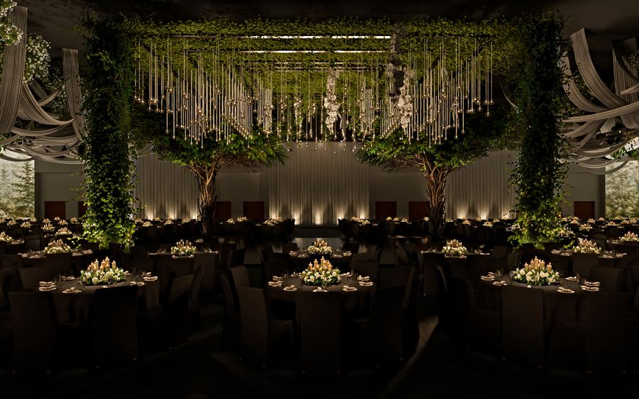 Salón de banquete con árboles a los lados y cortina de cristales colgantes al centro