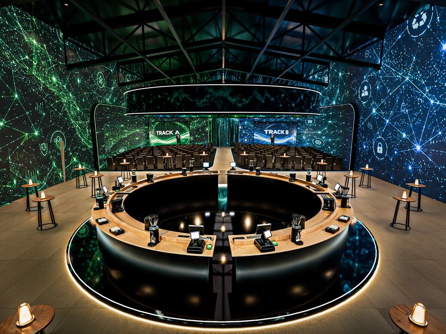 Foro de conferencias con mesa circular al centro y pantallas de luz a los lados