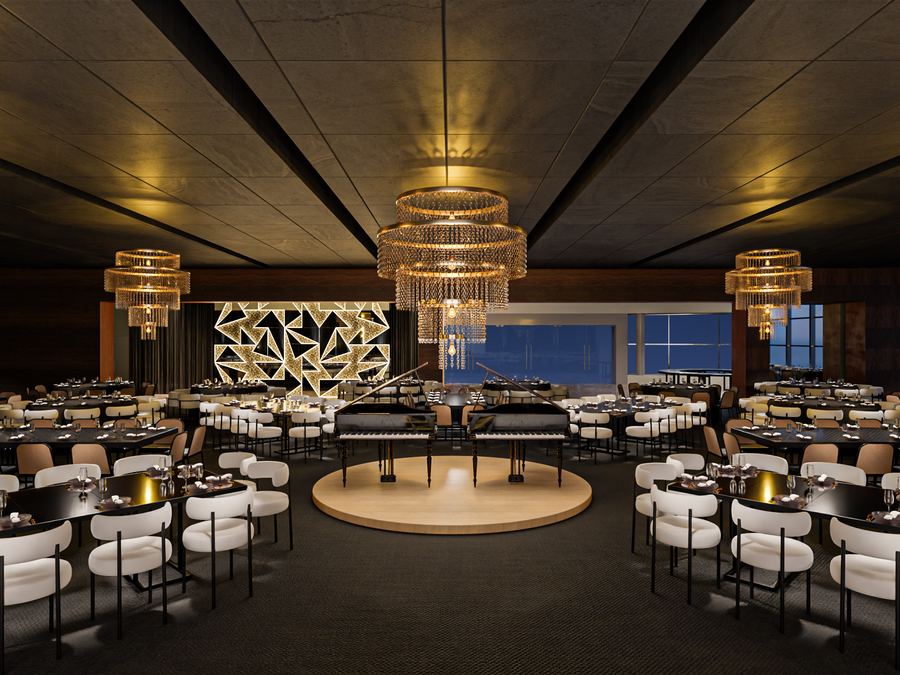 Salón con candiles de cristal, pianos sobre tarima redonda y sillas blancas