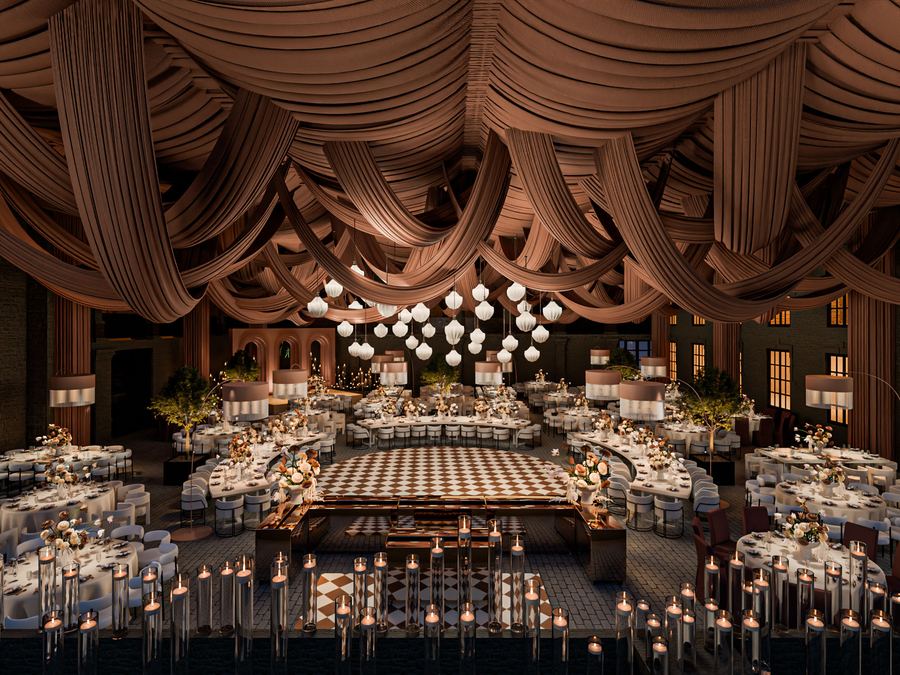 Salón con techo de telas drapeadas, globos de luz y pista de cuadros entre velas