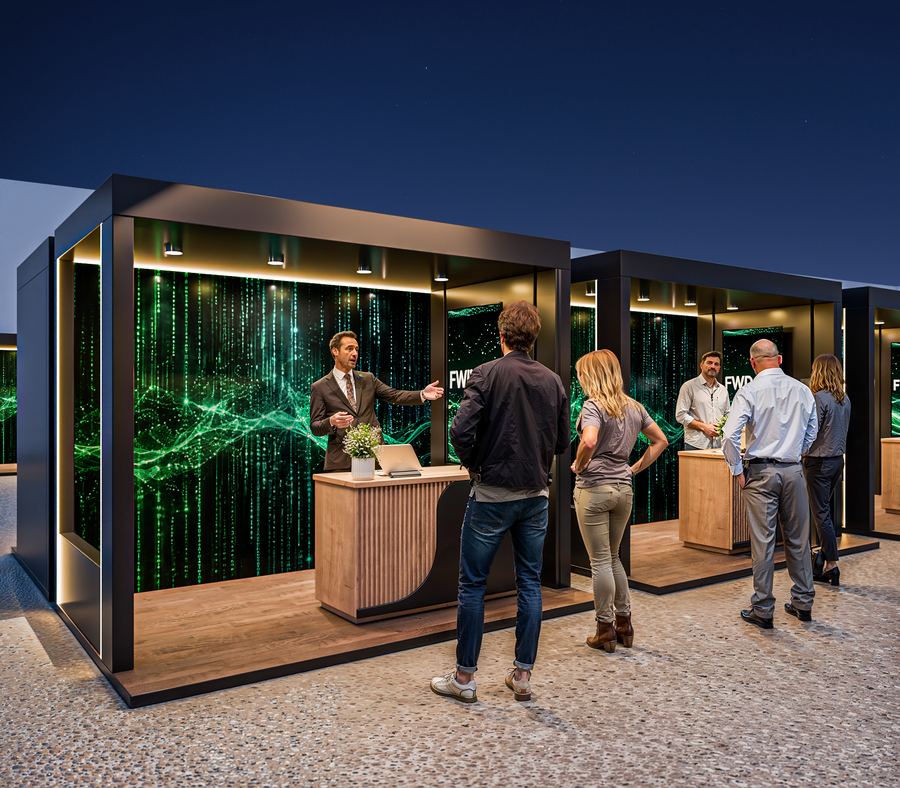 Stands de expositores con muros de luz y mostradores de madera