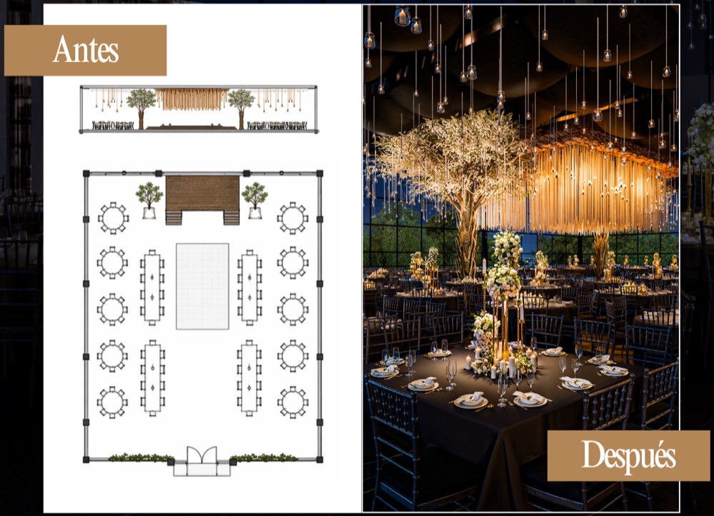 Plano del layout de un salón junto al render terminado del mismo montaje