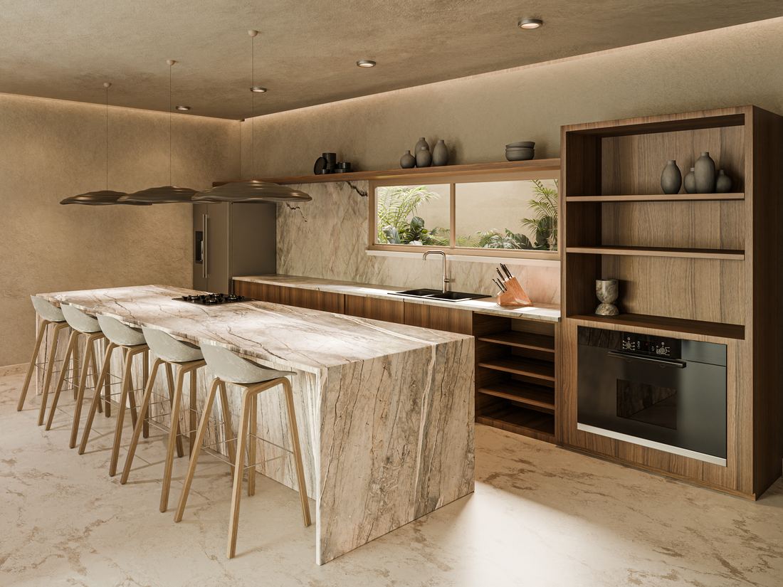 Render arquitectónico — Cocina con barra