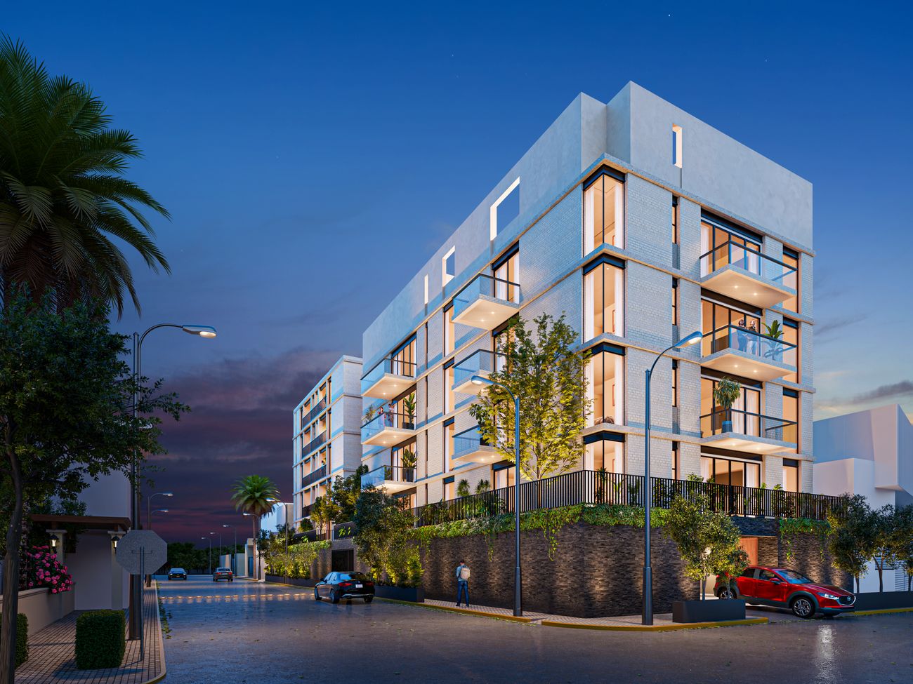 Render arquitectónico — Edificio al anochecer