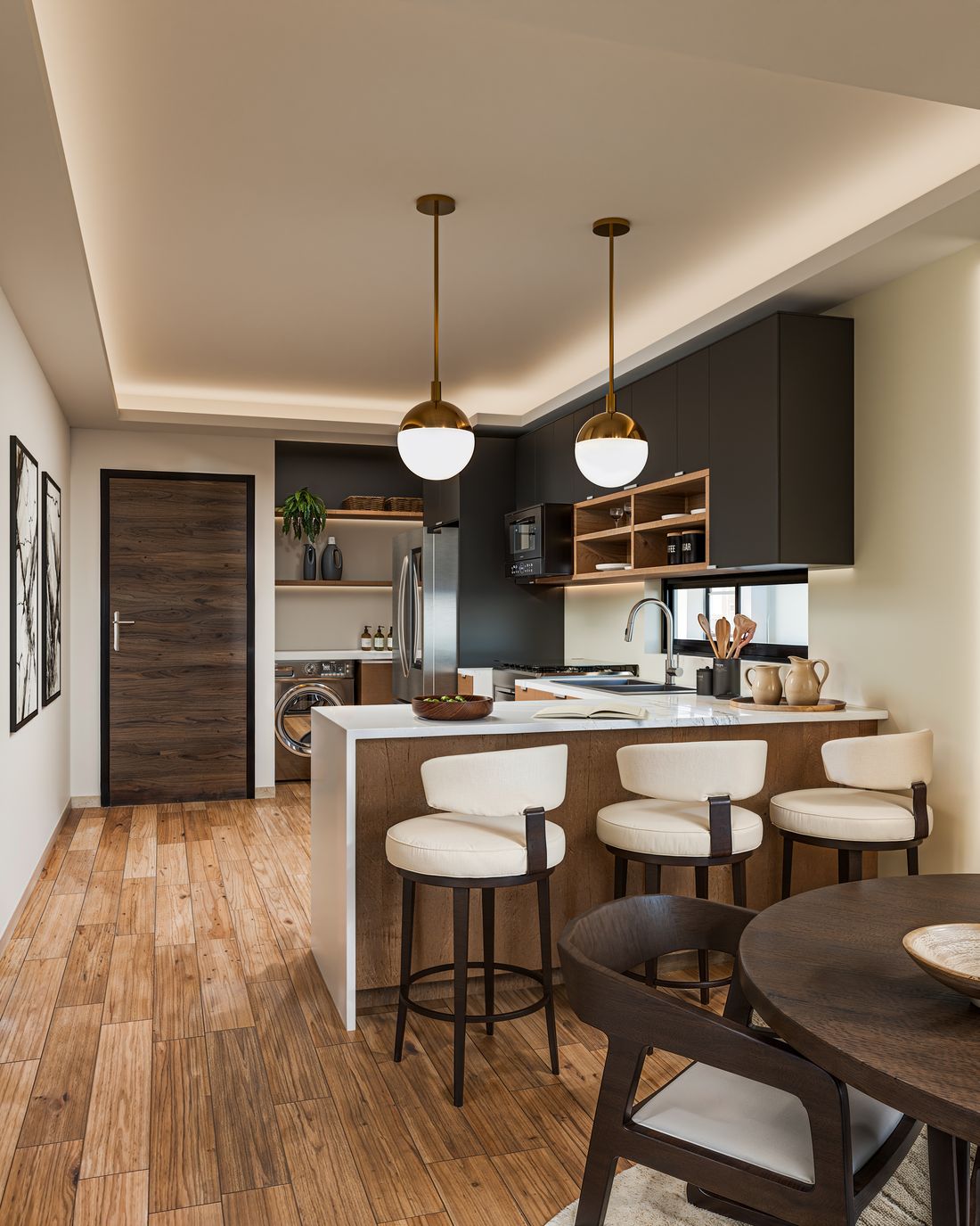 Render interior de cocina y comedor levantado desde los planos del proyecto