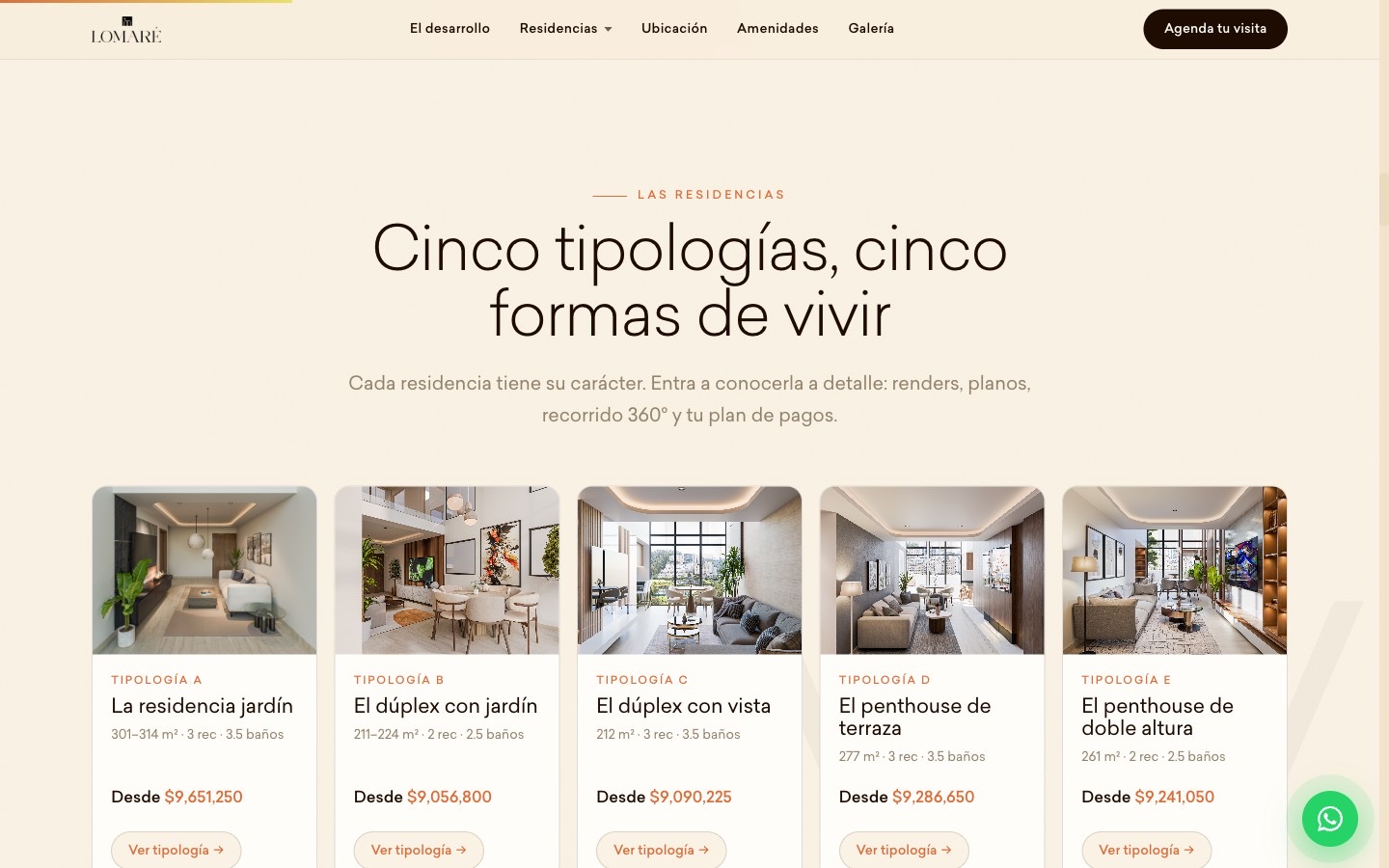 Cada residencia con sus renders, metros y precio