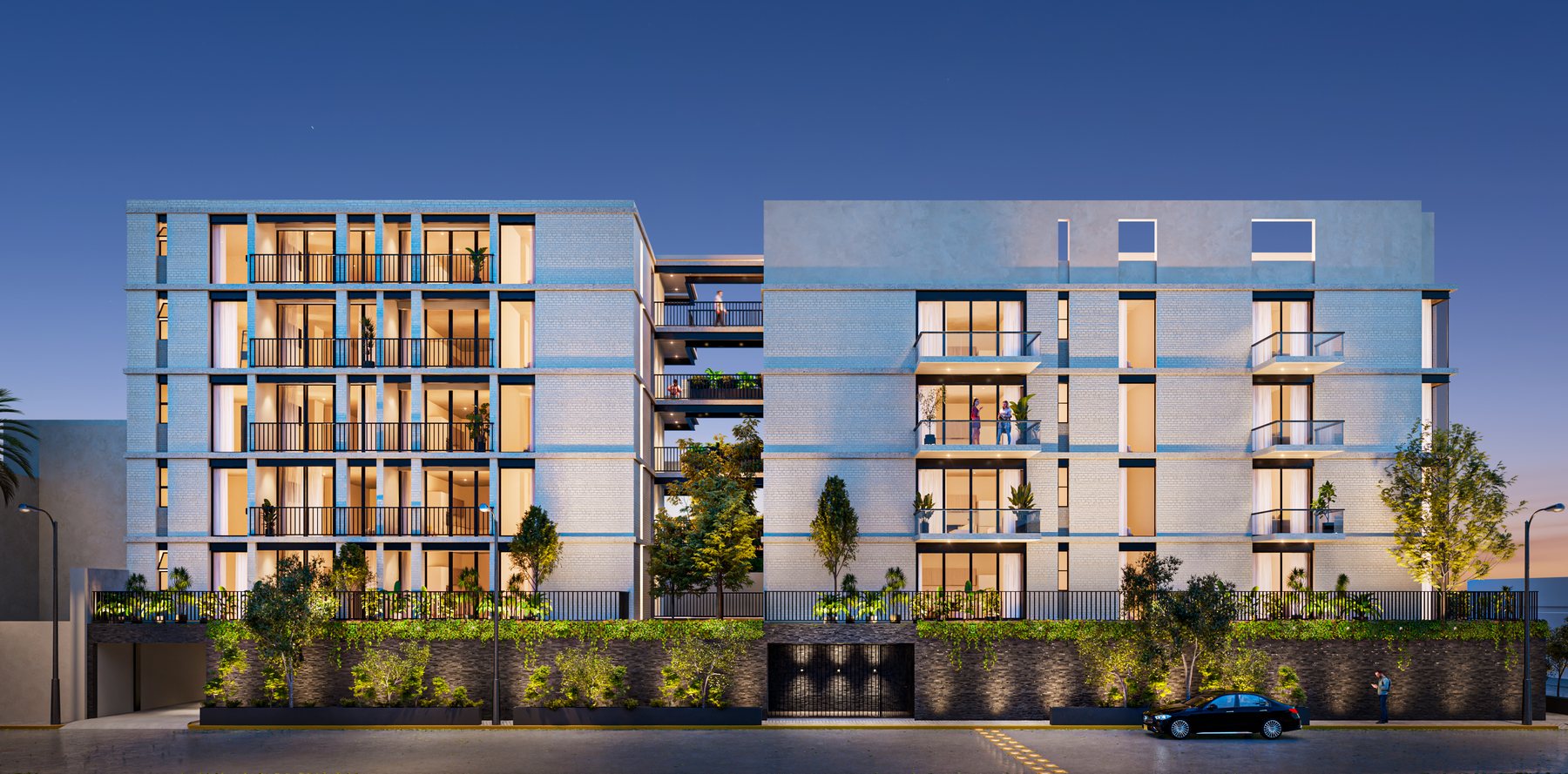 Render exterior fotorrealista de un desarrollo residencial al atardecer