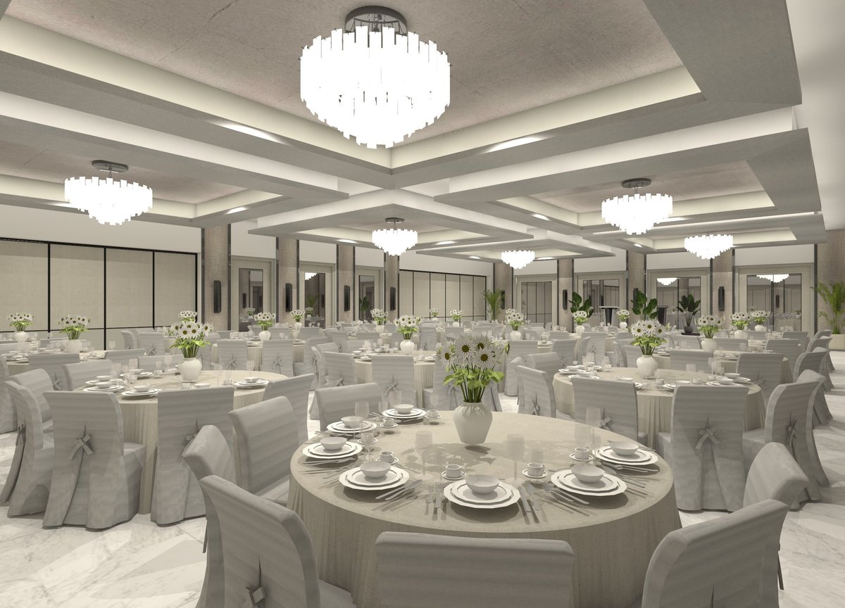Render de salón de eventos con mesa electoral y candelabros