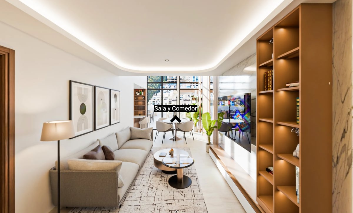 Modern apartment living room with cream sofa, wooden shelving, ceiling lights, and contemporary furnishings