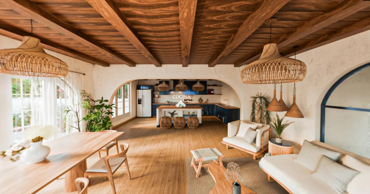 Spacious modern interior with exposed wood beam ceiling, warm wooden flooring, comfortable seating, pendant lights, and natural light from windows